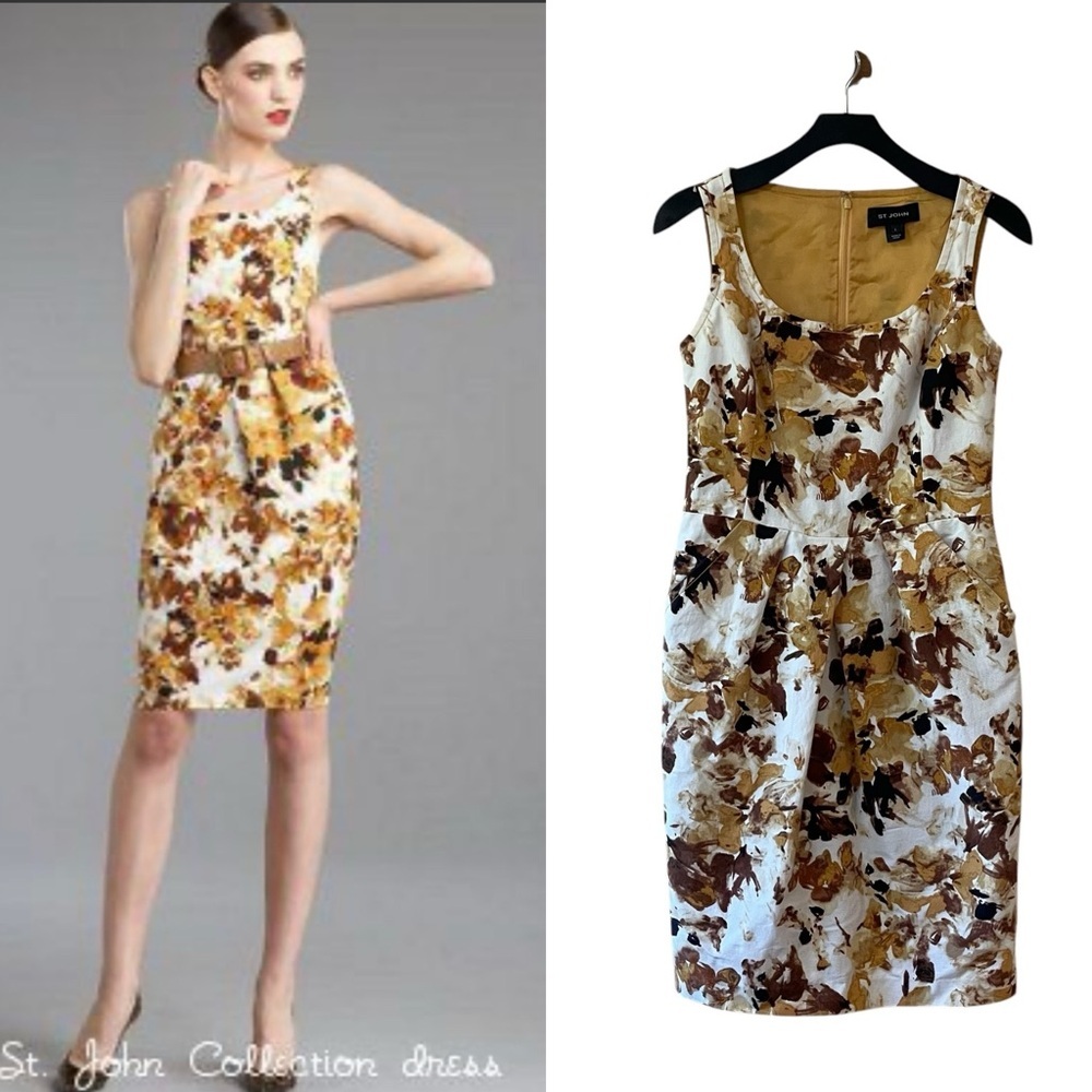 St. John Black Label Abstract Autumn Floral Silk Blend Sheath Cocktail Dress